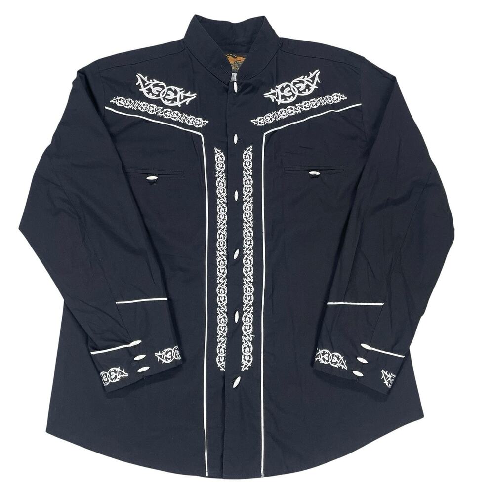 El General Charro Shirt Camisa Charra Mens Sz L Black Long Sleeve Western Wear
